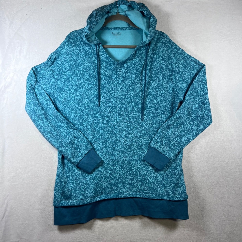 Athleta Sundown Alliance Hoodie‎ Teal Blue Floral Print Pullover Sweatshirt M